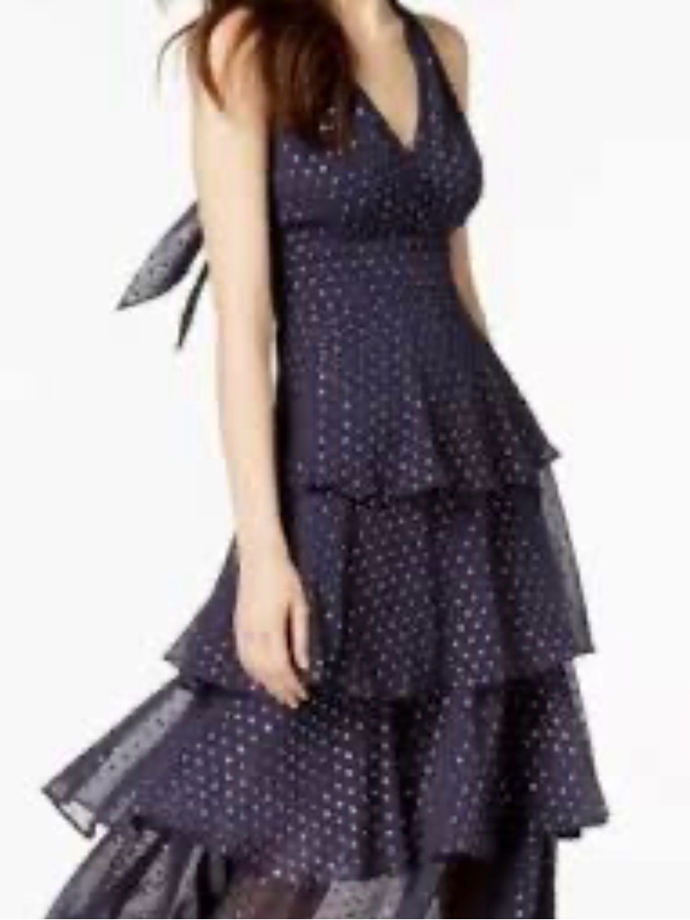 Taylor navy blue metallic dot sleeveless chiffon tiered midi dress Size 14